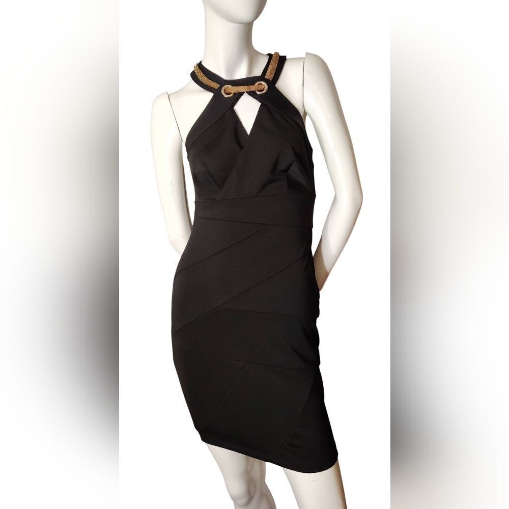 Le Chateau Black Halter Mini Dress with Gold Neck Chain Sx Xsmall Holiday Party